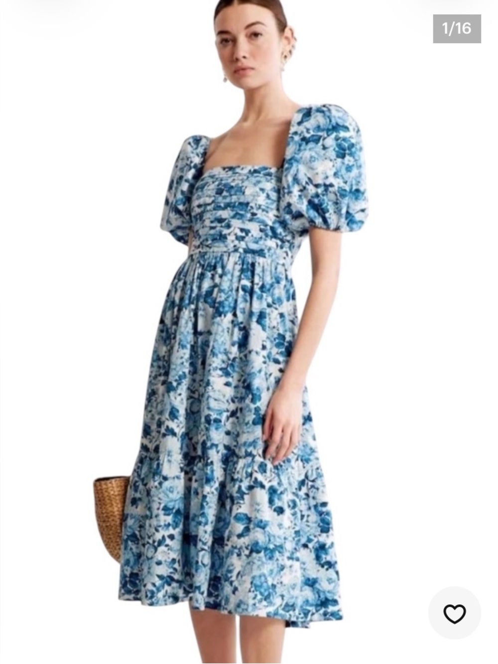 Abercrombie & Fitch Emerson Poplin Puff Sleeve Midi Dress blue and white floral